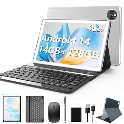 Android 14 Tablet 10 Inch, 4G Cellular Tablets, Octa-Core, 128GB Storage + 14(8+6)GB RAM/ 1TB Expandable, 5G WiFi, 8000mAh Battery, Bluetooth 5.0, 13MP+8MP Camera, Tableta with Keyboard/Case, Silver