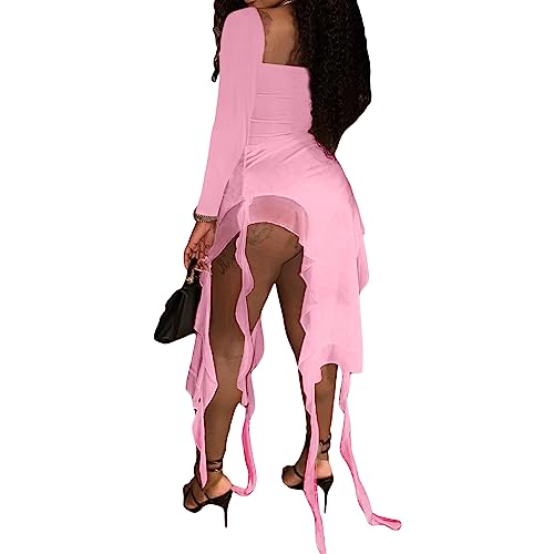 Finegoodwei Vestido feminino colado ao corpo com decote quadrado, cor lisa, manga comprida, com baba