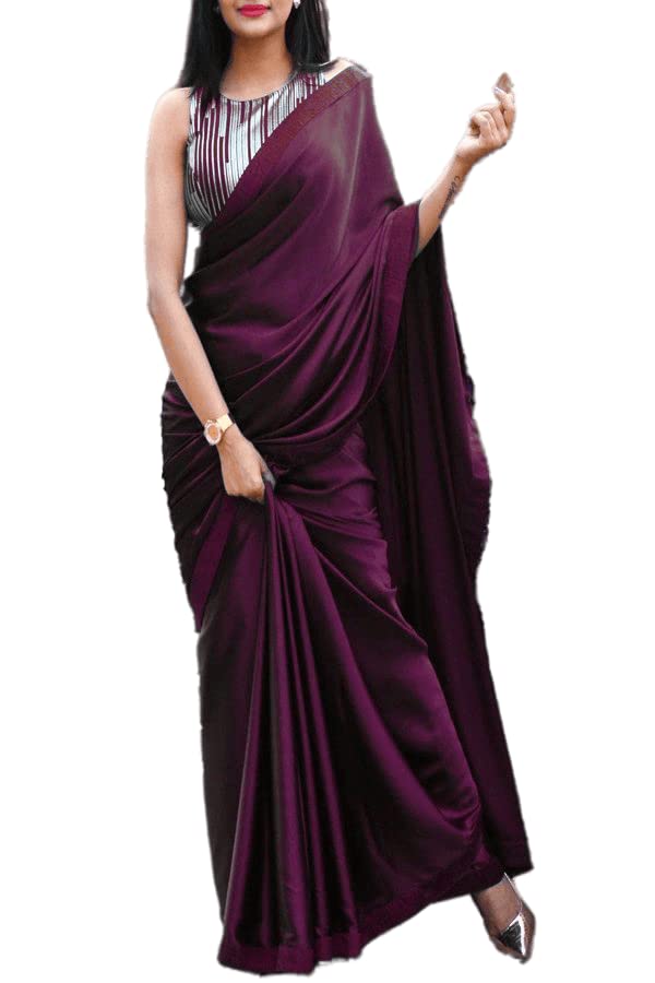 Women's Partywear Satin Silk Saree - Matching Plain Bridesmaid Partywear