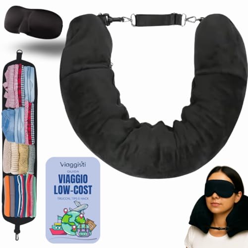 VIAGGISTI Cuscino da Viaggio Riempibile per Collo, Memory Foam, Maschera Occhi Oscurante, Accessori Aereo + eBook con Trucchi, Hack e Tips di Viaggio