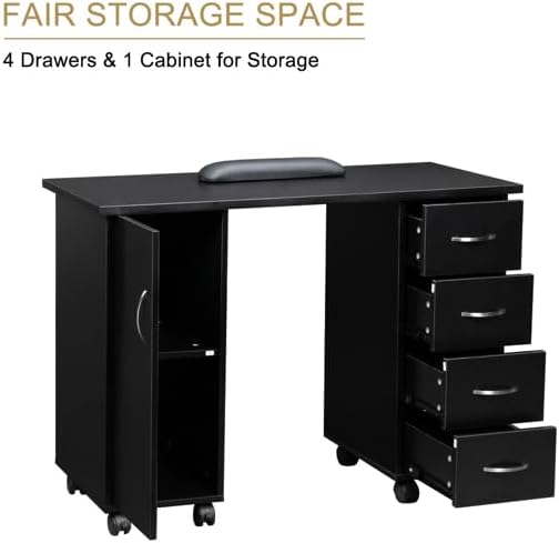 Black Computer Writing Table for Home Office Salon, Storage Beauty Station, Rolling Nail Table w/Drawers, Black Manicure Desk for Salon, Computer Desk for Home Office, Beauty Workstation with Storage