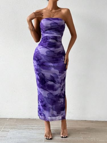 Image of LIGHT DOT Women's Summer Dress Printed Strapless Tube Bodycon Maxi Side Slit Mesh Layered