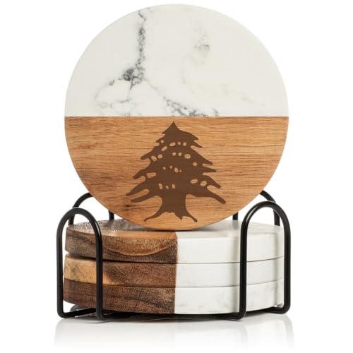 Set of 4 Drink Coasters with Holder Gift Cedar Tree Lebanon Lebanese (Acacia Wood & Marble)