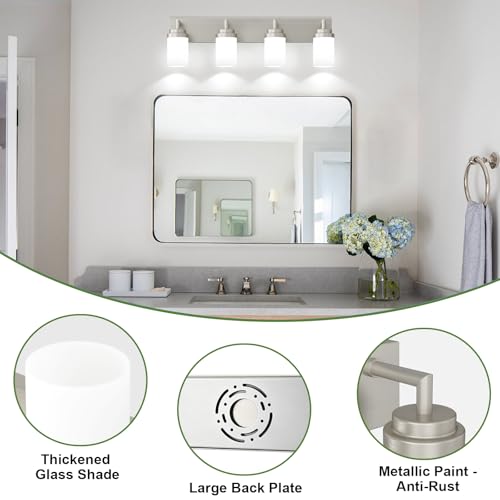 Image of Bathroom Light Fixtures, Brushed Nickel Bathroom Lighting Fixtures Over Mirror, Modern Vanity Light with White Glass Shade, Restroom Lighting Fixtures, 4-Light 30-inch