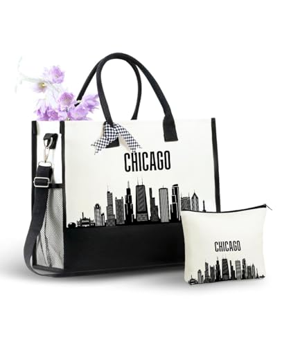 Bolsa Tote de Lona con Diseño de Chicago para Mujer miniatura 1
