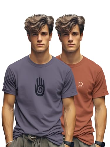 Image of BULLMER Trendy Printed Cotton Blend Crew Neck /Round Neck Half Sleeve Tshirt for Men- Pack of 2