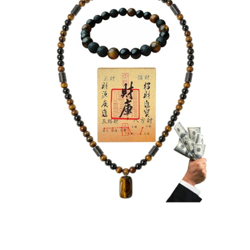 MQCEHTI Money Bracelets Necklace Jewelry Set for Women Men, Feng Shui Wealth Tiger Eye Obsidian Beaded Good Luck Natural Stone Protection Jewelry Gifts (Brown&Volcanic) by MQCEHTI - Used condition - US$12.94