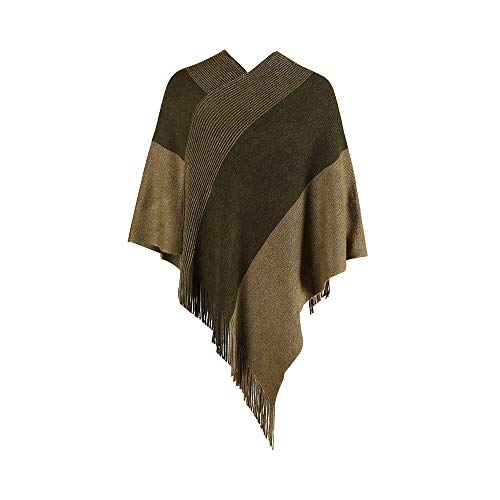 Image of Womens Poncho Sweater V Neck Striped Pullover Soft Scarf Wrap Cape with Fringes