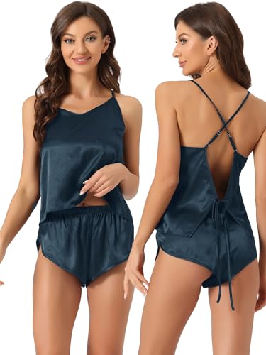 [cheibear] サテン パジャマ ノースリーブ キャミ パジャマ ショーツ付き スライキー ラウンジ セット レディース ネイビーブルー XL