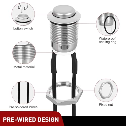 Image of Nilight 12mm Momentary Push Button Switch 6PCS with Pre Wired Harness 2 Pin | 12V Waterproof Stainless Steel Small Round Power Push Button Switches for Car Automotive Truck Boat Marine Off-Road Vehicle