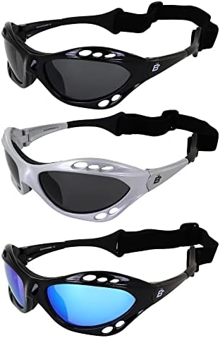Birdz Eyewear Seahawk Polarized Sunglasses for Watersports Jet Ski Surfing Kayaking 3 Pairs Black & Silver Frames w/Smoke Lenses & Black Frame w/Blue Lens