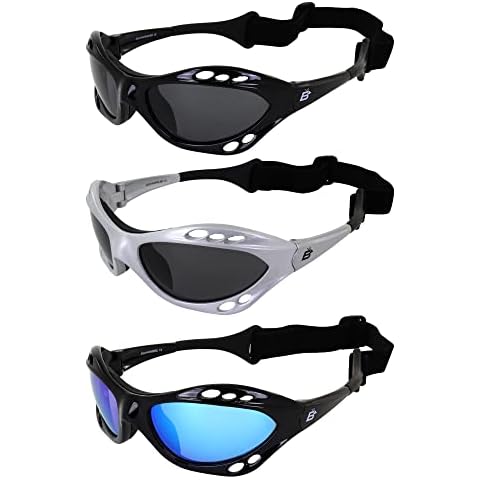 Birdz Seahawk Polarized Sunglasses for Watersports Jet Ski Surfing Kayaking 3 Pairs 1 Black & 1 Silver Frames w/Smoke Lenses & 1 Black Frame w/Blue Lens Cover