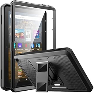MoKo Case Fits All-New Amazon Kindle Fire HD 8 & 8 Plus Tablet (12th Generation, 2022 Release) 8, Full Body Rugged Hands-free Viewing Stand Back Cover with Screen Protector, Black