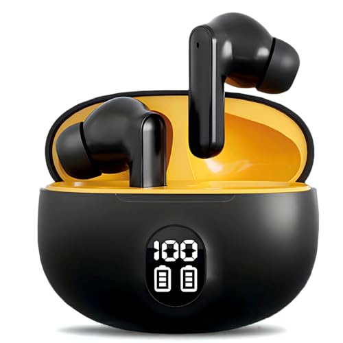 Genérico Auriculares Inalambricos Bluetooth Cancelacion Ruido, 45H Estéreo HiFi Cascos Inalambricos IP7 Impermeable Pantalla LED Carga Rápida Earbuds,In-Ear Auriculares con 4 HD Mic (Amarillo)