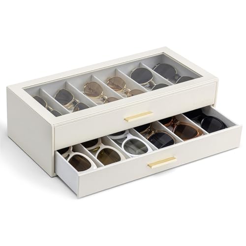 VLANDO Estojo organizador de óculos de sol com 12 compartimentos, caixa de armazenamento de óculos de grande capacidade com tampa transparente e 2 gavetas, suporte de óculos de sol de couro sintético