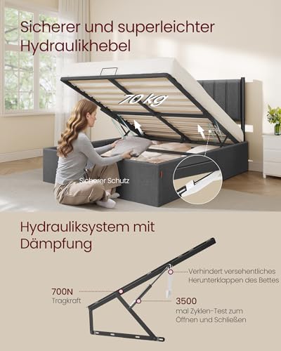 VASAGLE Bettgestell, Bettrahmen, Bett, 140 x 200 cm, klappbar Lattenrost, Unterbettaufbewahrung, Kopfteil, Hydrauliksystem, modern, einfache Montage, dunkelgrau RMB614G02