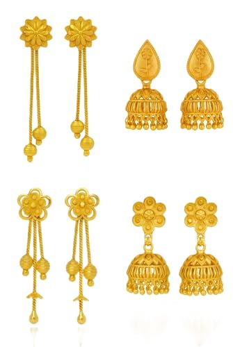 Image of DEW MAT Gold Plated Traditional Jhumka Earrings Combo | Floral Drop & Big Jhumki Set with Matte Finish | South Indian Ghungroo Screw Back Studs Meenakari Jhumki Earrings Set for Women