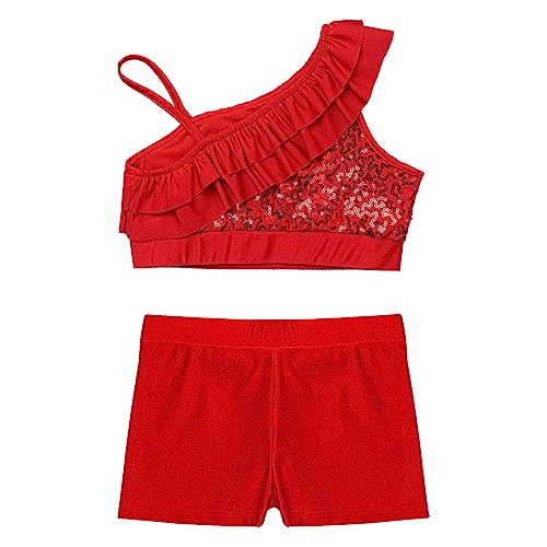 Kids Girls Two Piece Sequins Crop Top with Shorts Set for Gymnastics Dance Leotards Workout Fitness Swim Active4