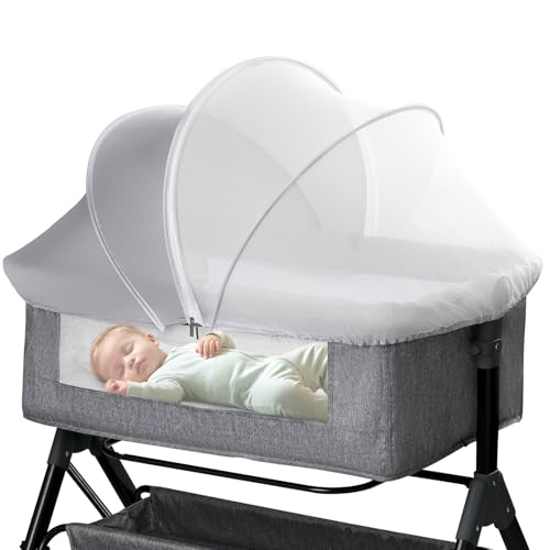 Image of Bassinet Mosquito Net Cover - Half-Blackout Mosquito Net for Baby Crib & Bedside Sleeper, Breathable Crib net with 2-Way Zipper, Sun-Blocking Baby Mosquito Net Cover (Gray-Small)