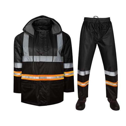 Hi Vis Viz - Traje de lluvia reflectante de alta visibilidad con cinta de alta visibilidad, 2 piezas, con capucha, impermeable, PVC, unisex, chaqueta y pantalones, ropa de trabajo, Negro con cinta