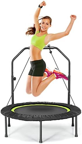 Giantex 40″ Foldable Mini Trampoline, Indoor Fitness Trampoline with 42.5”-51.5″ Height Adjustable Handle, Resistance Bands, Rebounder Exercise Trampoline for Adults, Kids