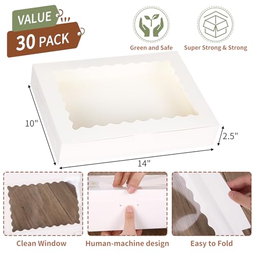 TOMNK 30pcs Cookie Boxes, 14x10x2.5 Inch Large Bakery Boxes with Window for Treats, Pies, Chocolate Strawberries Muffins, Donuts, Dessert