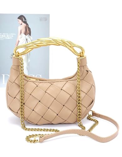 Weave Handbag PU Leather Shoulder Bag for Women Luxury Designer Round Tote Purse with Gold Chain Round Crossbody Bag3