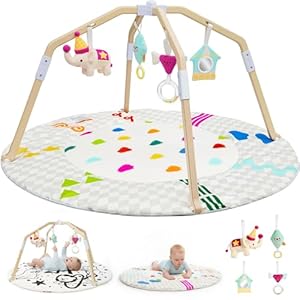 Bella’s Friends Circus-Themed Baby Play Gym, 2-Sided High-Contrast Tummy Time Mat with 4 Detachable Sensory Toys, Foldable Wooden Frame Playmat for Stage-Based Development, Baby Essentials Shower Gift