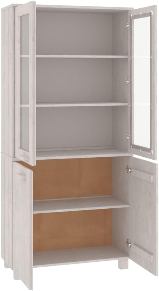 White Solid Pine Wood and MDF Large Highboard Set of 2 with Glass, Rustic Living Room Furniture with Adjustable Shelves and Wall Mount Safety