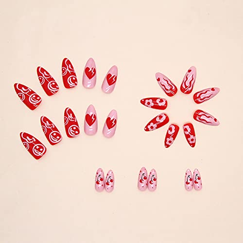 Almond Press On Nails Short Pink Fake Nail With Heart Design Glossy Flower Flame Stick On Nails Artificial Acrylic Full Cover False Nails Glue On Nails For Women #TOP1