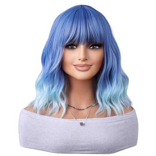 ANESHE Short Wavy Blue Ombre Bob Wig with Bangs Short Curly Wavy Ombre Blue Wigs for Women Shoulder Length Wig Synthetic Fiber Blue Wig for Party Daily Use