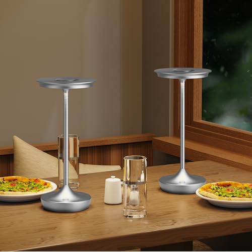 Image of LED Rechargeable Cordless Outdoor 6000mAh Battery Table Lamp 2-Pack Silver | Portable Waterproof 3 Color Stepless Dimmable Lights Memory Function for Patio Restaurant Bar Dining Room