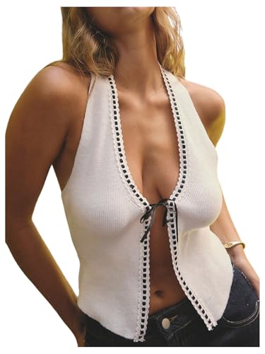 Floerns Women's Y2k Tie Front Ribbed Cardigan Sweater Halter Neck Summer Going Out Tops
