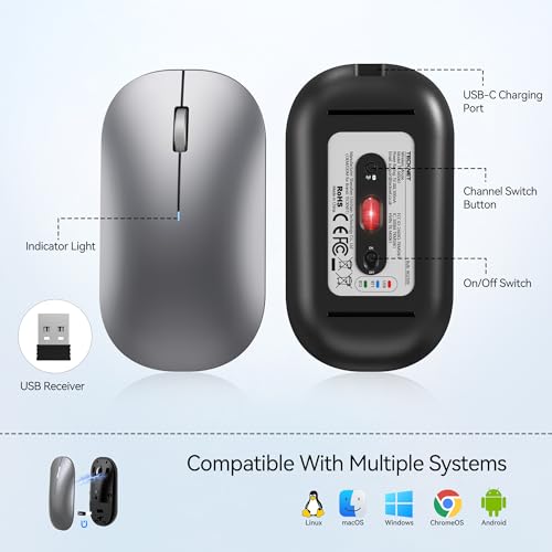 Image of TECKNET Bluetooth Mouse for MacBook, [ USB + BT5.0 + BT3.0 ] Rechargeable Wireless Mouse, Silent Click, 4-Level DPI, Portable Computer Mice for MacBook /MacBook Air /Pro /iPad /Laptop /Android /Windows