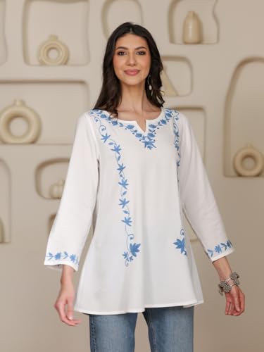 Image of QAZMI Women Kashmiri Aari Embroidered A-Line Viscose Rayon Short Kurti with Full Sleeves
