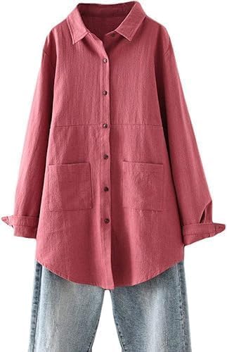 Minibee Women's Linen Shirts Button Down Long Tunic Tops Plus Size Blouse with Pockets