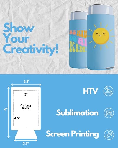 Image of PartyPrints 1000 Pack Placid Blue Blank Slim Can Cooler Sleeves | Plain Seltzer Customizable Bulk Coolers for Beer Bottles & 12oz Tall Cans | Skinny Collapsible Drink Insulated Sleeve