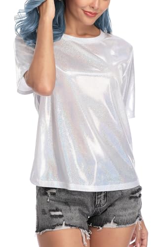 MISS MOLY Women's Metallic Tops Short Sleeve Crewneck Holographic Shiny Tees Glitter Sparkle Shirt for Party Club Concert4