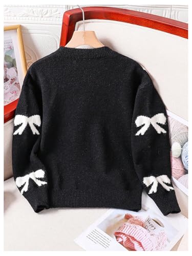 Image of RoseSeek Girl's Bow Graphic Sweaters Crewneck Long Sleeve Knit Pullover Tops Drop Shoulder Knitwear