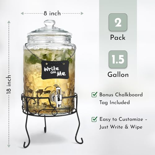 2 PACK 1.5 Gallon Drink dispenser, Classic Hammered Glass Beverage Dispenser With Elegant Stand, Drink Dispensers for Parties With Spigot 100% Leakproof. Perfect For Parties And Daily Use