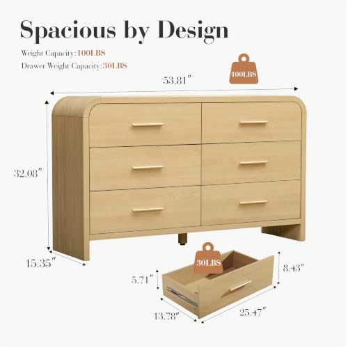 Image of Curved 6-Drawer Dresser for Bedroom, 54 inch Wide Modern Chest of Drawers, Vanity Desk TV Stand for Living Room, Closet Storage Drawers Organizer Furniture, Nursery, Hallway, Natural Oak