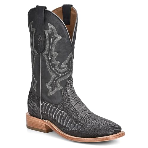 CORRAL MEN'S BLACK OSTRICH LEG EMBROIDERY WIDE SQ. TOE RODEO COLLECTION, LEATHER WITH RUBBER INSERT SOLE, WESTERN A42912