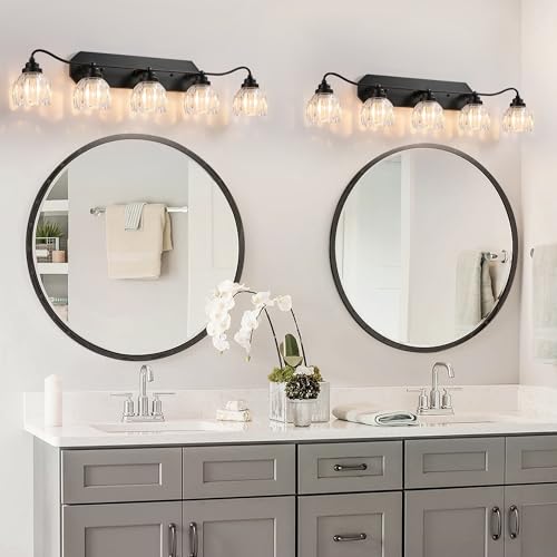 Image of Vintage Bathroom Light Fixtures, 5 Light Bathroom Vanity Light, Black Matte Antique Brass Finish with Crystal Glass Shade, Mid Century Wall Sconces for Bedroom, Living Room, Hallway