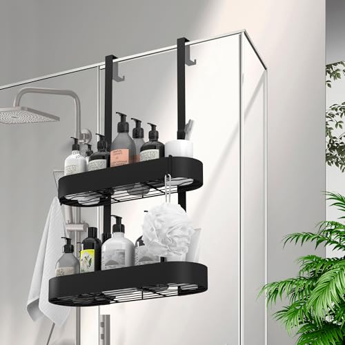 ZUIMENG Duschablage zum Hängen, Duschablage ohne Bohren Duschregal mit 4 Hakens, Badregal Duschkorb Hängend, Shampoo Halterung Dusche Hängeregal für Glastür Duschwand Schwarz