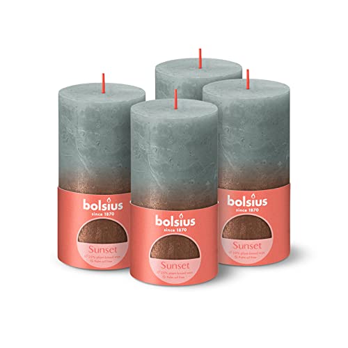 Bolsius Rustic Pillar Candle - Fading Metallic - Green & Copper - Pack of 4 - Long Burning Time - Household Candle - Interior Decoration - Unscented - Natural Vegan Wax - No Palm Oil - 13 x 7 cm