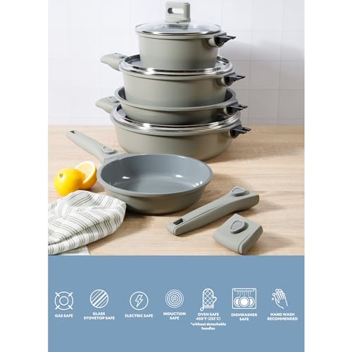 Sur La Table Kitchen Essentials 13 Piece Detachable Handle Pots and Pans Premium PFA Free Premium Ceramic Non Stick Induction Safe and Secure Removable Handle Cookware Set - Juniper Green - Image 4