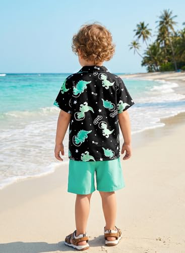Dolxico Toddler Baby Boy Outfits Summer Clothes Kids Dinosaur Pattern Short Sleeve Button Down Shirt & Elastic Waist Casual Beach Shorts Set with Pockets 5-6 Years Green Dinosaur — view 3
