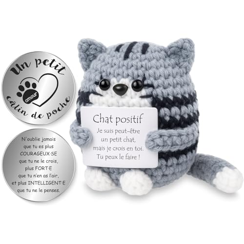 Tixlux Chat Positif, Cadeau Chat Optimiste Faite Main avec Petit Câlin Porte-Bonheur, Cadeau Remonter Le Moral, Bon Rétablissement, Cadeaux pour Femme Anniversaire Pâques