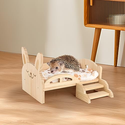 Image of Wooden Guinea Pig Bed with Mat 13.5IN X 9.3IN Detachable Hideout with Stairs Small Animal Cute Warm Habitats for Hamsters Ferret Bunny Sleeping Hiding
