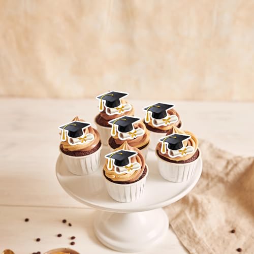 Fyeoxle 48pcs Edible Graduation Cap Cupcake Toppers Wafer Paper Gold Grad Cap Diploma Cake Decorations Edible Grad Cap Cupcake Picks for 2026 Graduation Theme Party Cake Decor Supplies by Fyeoxle - Image 8